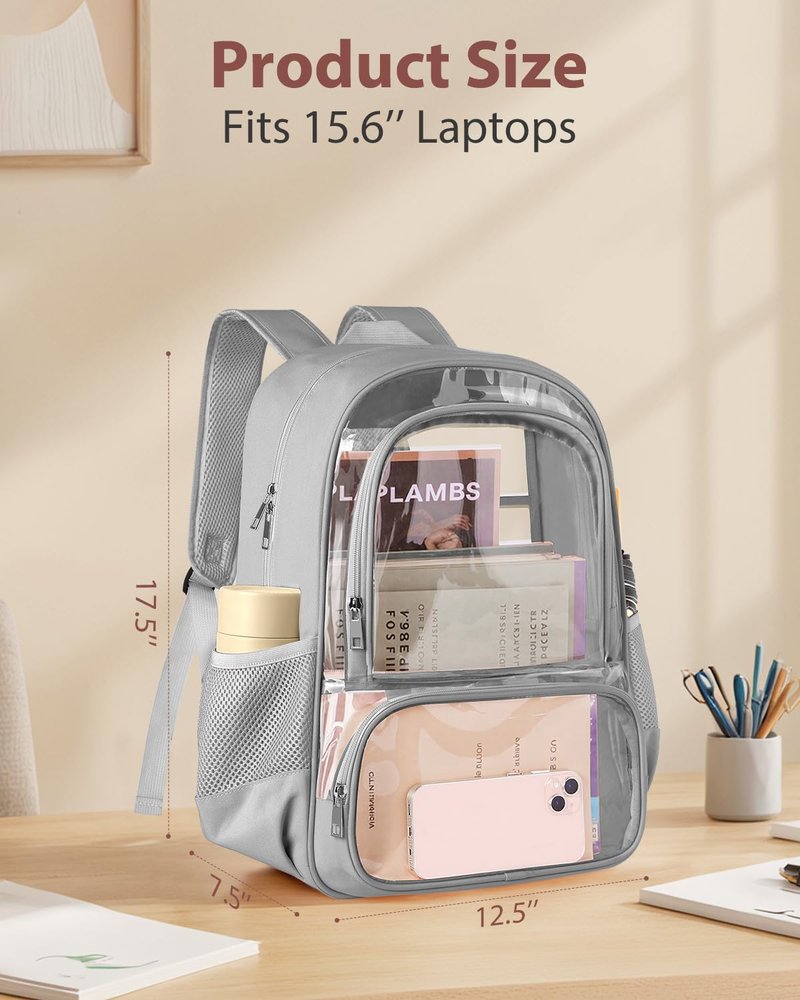 KIMNERPU Clear Backpack, Fabric & PVC Transparent Backpack with Reinforced Strap for Women Men, Heavy Duty Transparent Bookbag, Large Capacity Clear Bag, Travel, Security, Grey