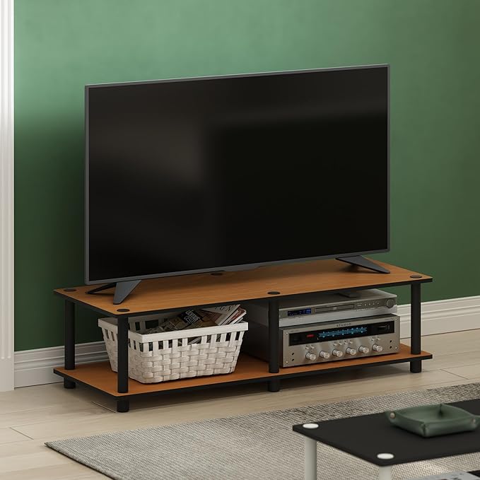 Furinno JUST TV Stand, 2-Tier Wide Entertainment Center with Open Shelf, No Tools TV Console for TV up to 46 Inch with Tubes, for Living Room, Bedroom, Light Cherry