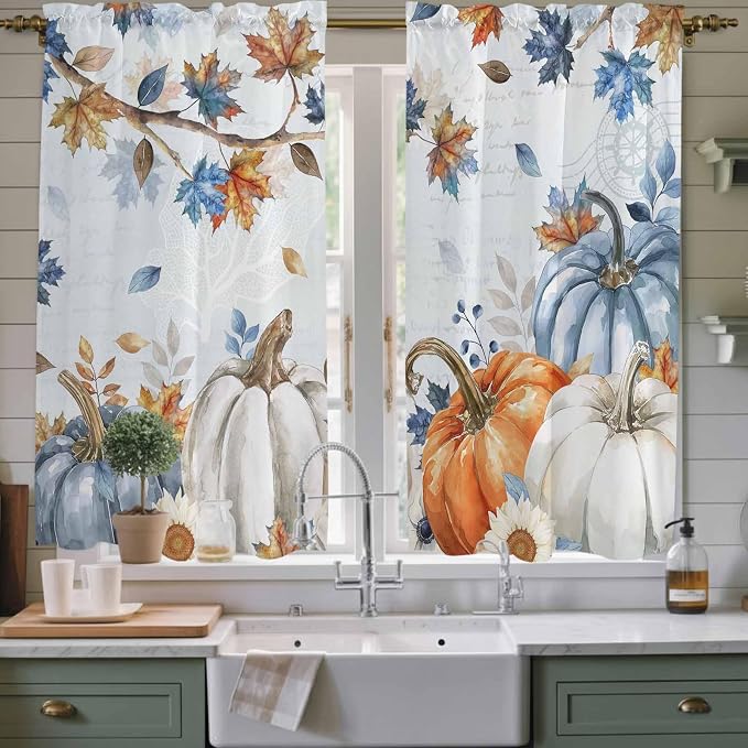 Fall Blue Maple Window Curtains 63 Inch Long 2 Panel Set, Rod Pocket Bedroom