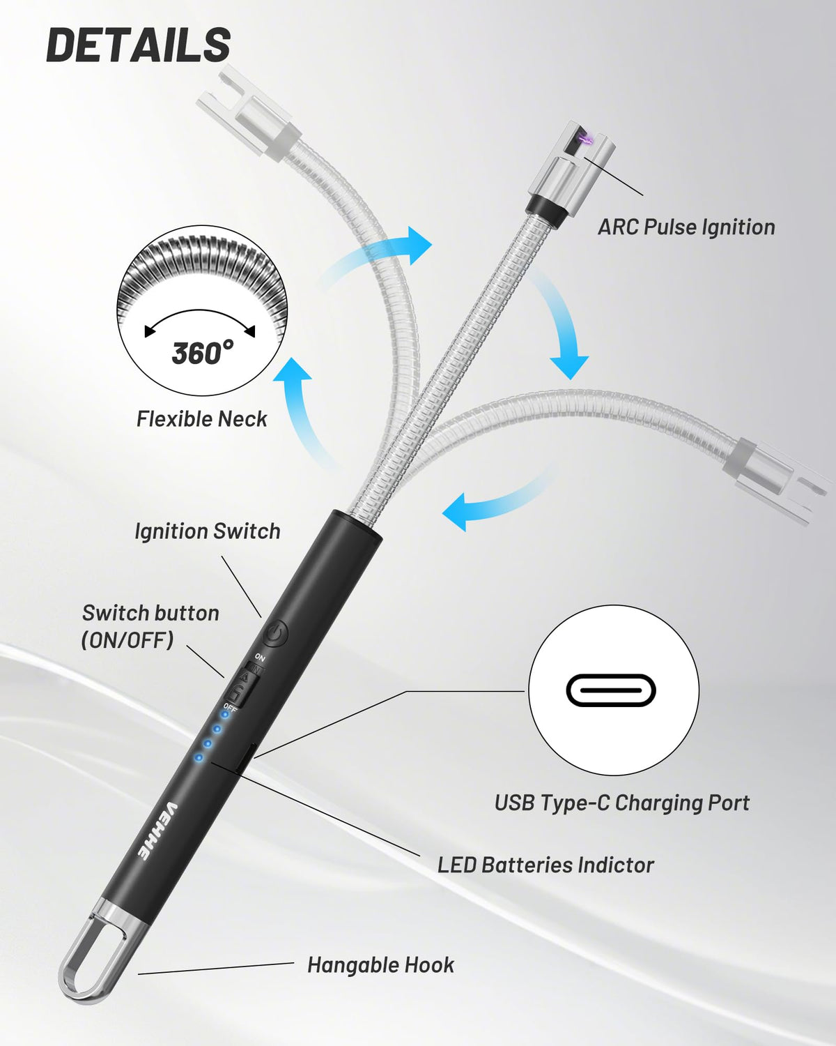 VEHHE Candle Lighter, Electric Rechargeable Arc Lighter with LED Battery Display Long Flexible Neck USB C Lighters for Light Candles Gas Stoves Camping Barbecue