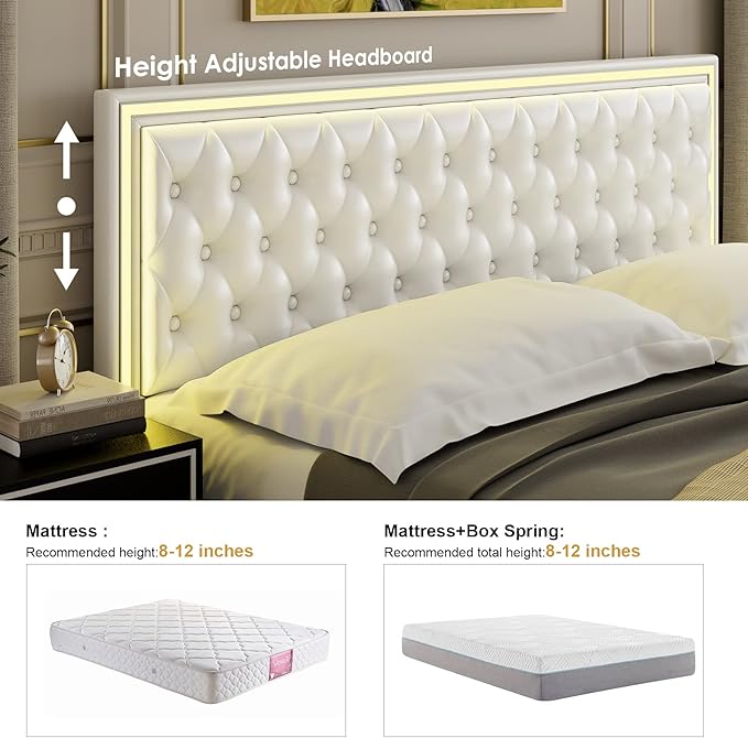 Keyluv Queen Upholstered LED Bed Frame with 4 Drawers, Pu Leather Platform Storage Bed with Adjustable Button Tufted Headboard and Solid Wooden Slats Support, No Box Spring Needed, White