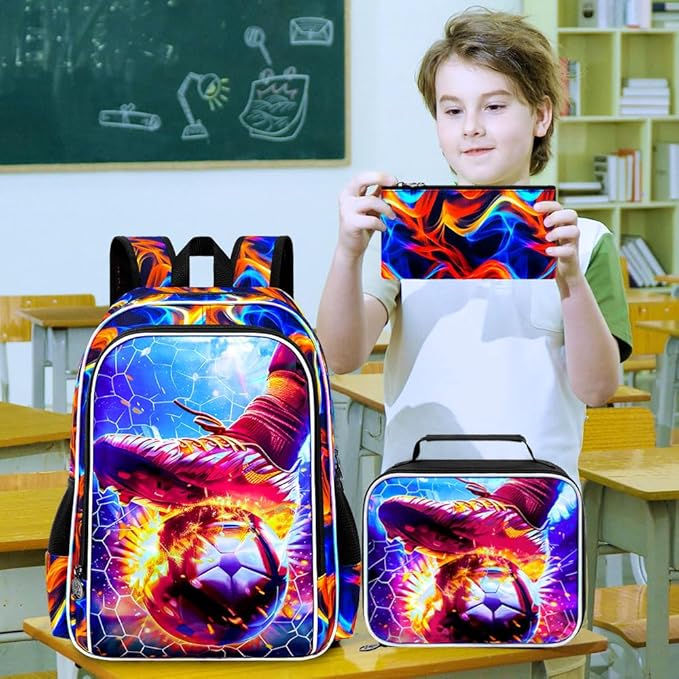KLFVB 3PCS Boys Bookbag, 17" Kids Football Backpack and Lunch Box, Water Resistant Teenagers School Backpacks for Middle Elementary - Strike Fire Soccer