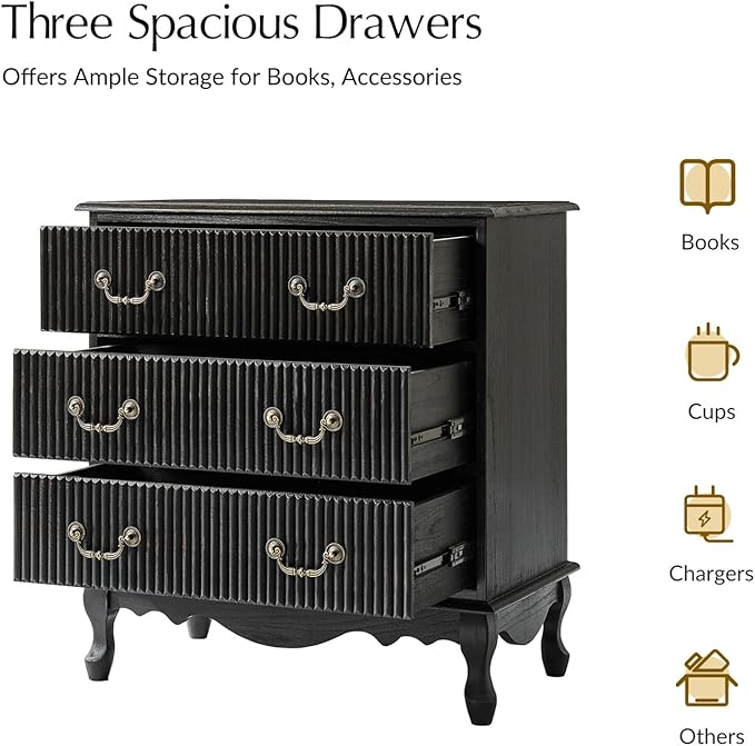HULALA HOME Transitional Side Table with 3 Drawers and Charging Station, 28" Solid Paulownia Wood Sidetable with Vertical Stripe, Charcoal