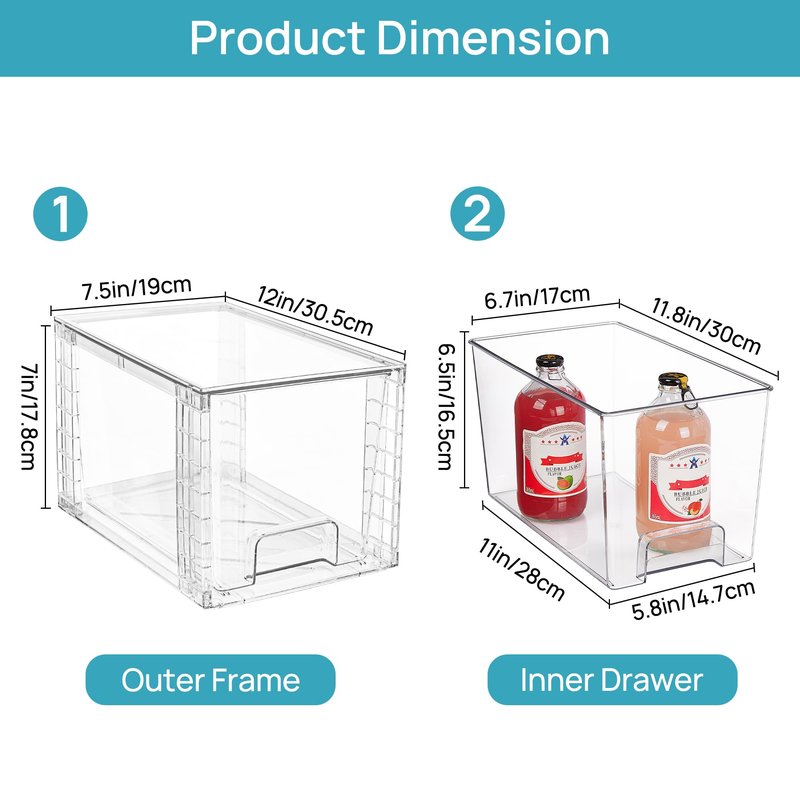 Vtopmart 2Pack Large Stackable Pantry Storage Drawers, Clear Organizer Bins with Handles, Acrylic Drawer Organizers for Kitchen, Pantry, Bathroom Undersink, Cabinet Organization and Storage