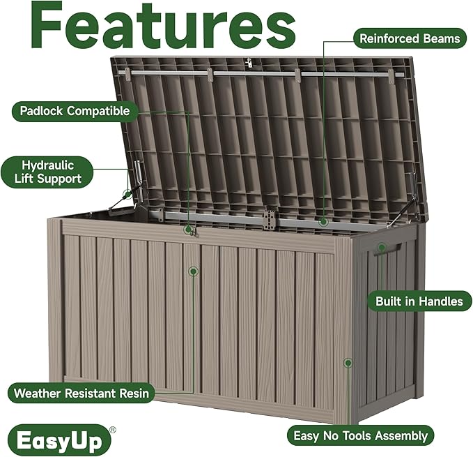 150 Gallon Outdoor Storage Box Waterproof, UV Resistant Resin Deck Box with Hydraulic Rod, Reinforced Stability for Patio, Garden, and Pool, Striped Gray
