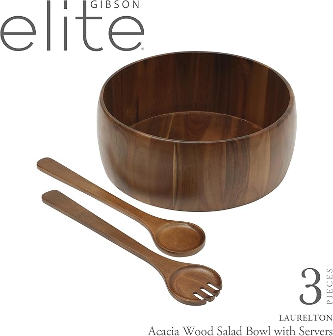Gibson Home Laurelton 3-Piece Acacia Wood Salad Serving Bowl Set – Large 13-Inch Bowl with 2 Serving Tools