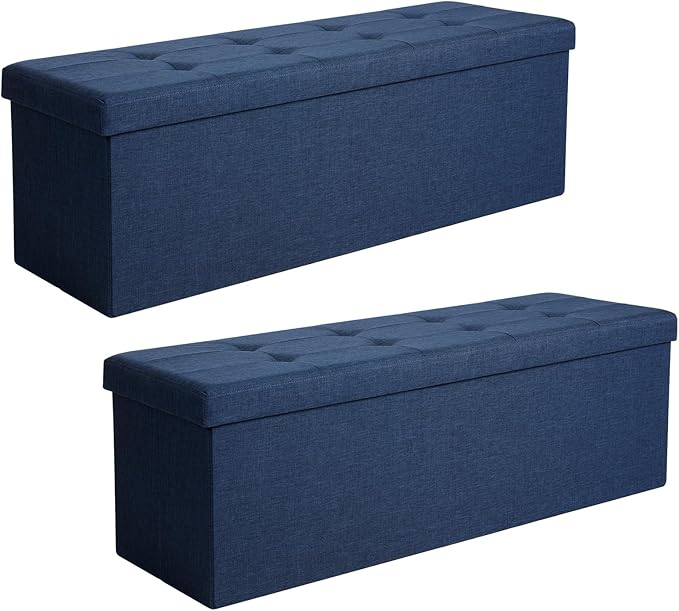 SONGMICS 43 Inches Folding Storage Ottoman Bench, Set of 2, Storage Chest, Foot Rest Stool, Bedroom Bench with Storage, Dark Blue, ULSF432Q01
