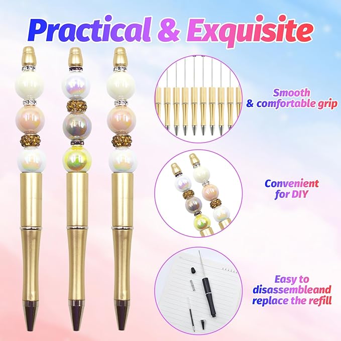 150 Pieces DIY Beadable Pen Kit – 50 Plastic Ballpoint Pens with Refills & Bags – School Supplies, Office Accessories & Decorative Items for Students & Teachers (Gold)