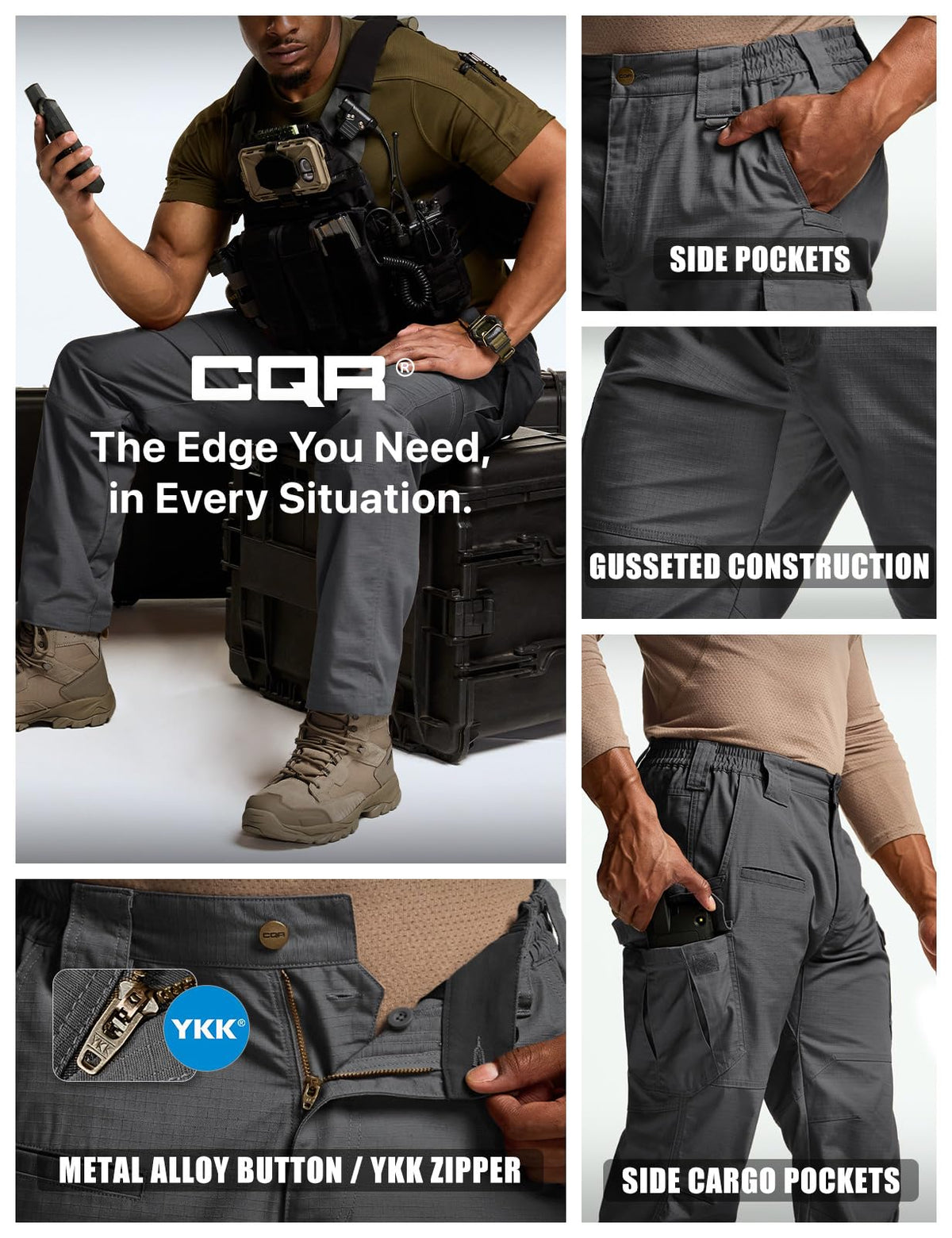 CQR Men's Tactical Pants, Water Resistant Ripstop Cargo Pants, Lightweight EDC Work Hiking Pants, Outdoor Apparel, Raider Mag Pocket Charcoal, 38W x 30L