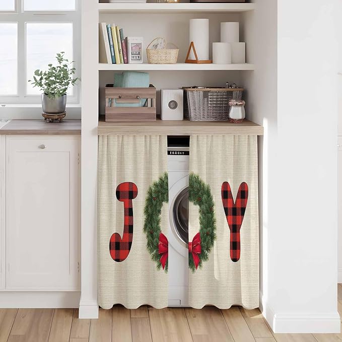 Red Green Christmas Kitchen Curtains 45 Inch Long 2 Panel Set, Rod Pocket