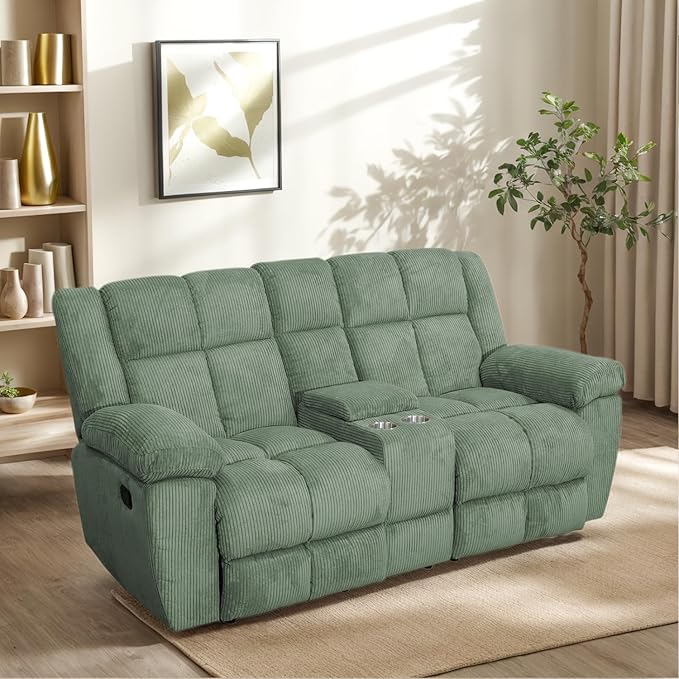 Manual Recliner Sofa Set,Corduroy Reclining Couch Set,Modern Living Room Furniture Set,Reclining Sofa Couch Chair for Living Room Home Office(Green,Sofa+Loveseat)
