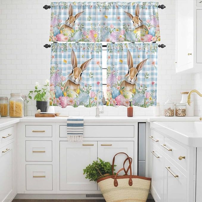 Kitchen Curtains Tiers and Valance Set of 3, Easter Light Filtering Window