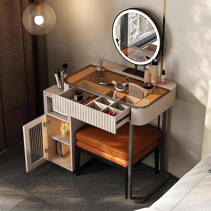Lartis Makeup Vanity, with LED Makeup Mirror, Three Adjustable Light Levels, Tempered Teal Glass countertop,White Wax Wood Makeup Stool