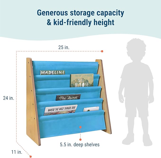 Wildkin Wooden Sling Bookshelf for Kids – Premium Canvas Design with 4 Fabric Shelves, Organizer for Home or Classroom - Natural w/Sky Blue