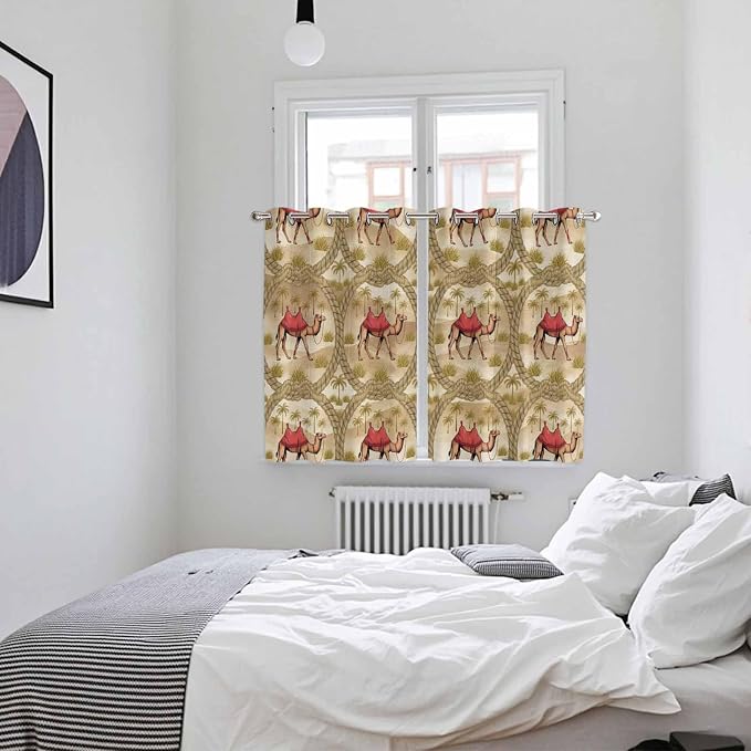 2 Panel Kitchen Cafe Curtains, Desert Camels Sunlight Filtering Nature Air