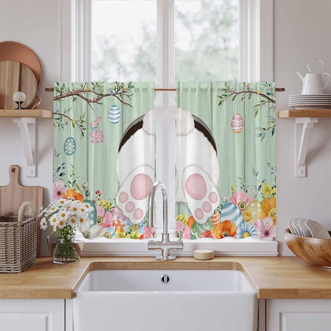 Easter Kitchen Curtains 54 Inch Long 2 Panel Set, Rod Pocket Window Curtains
