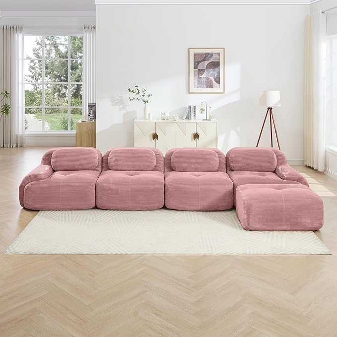 152" Modern Corduroy Cloud Sofa with Ottoman, L Shaped Boneless Modular Large Sectional Couches for Living Room, Pink 4 Seater Compressed Memory Foam Couch, Extra Deep Seat, No Assembly
