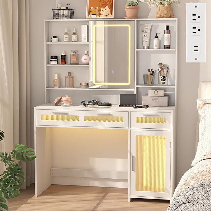 Hadulcet White Vanity Desk with Mirror and Lights, LED Vanity with Power Outlet, Makeup Vanity with 2 Drawers, 10 Storage Shelves and Acrylic Door Cabinet for Bedroom Dressing Room, 43”