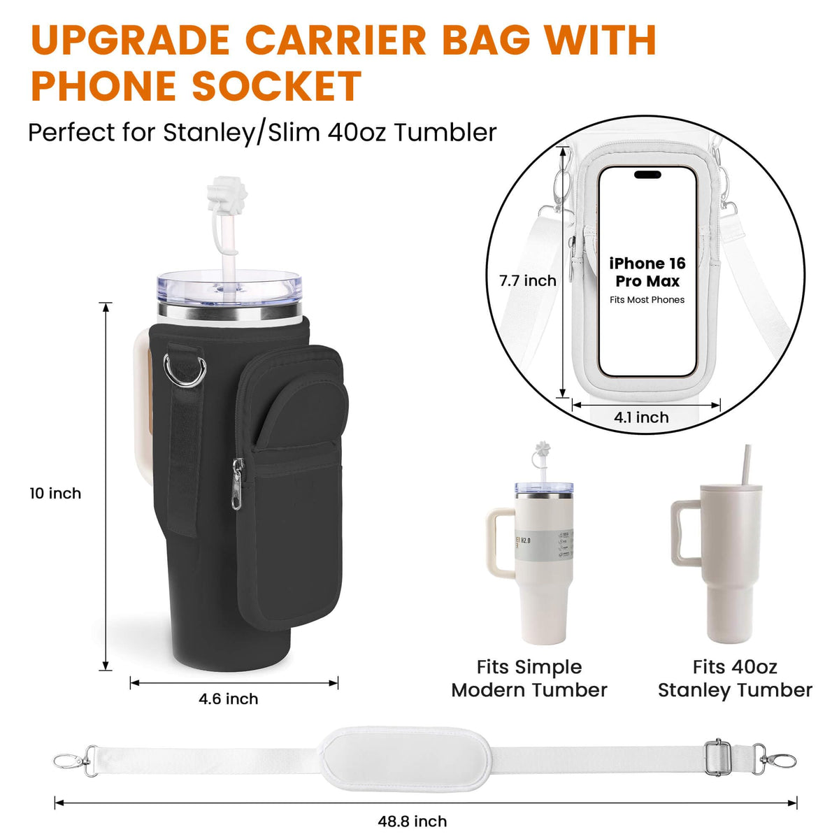 BOCMTR Water Bottle Holder with Strap for Stanley 30/40 oz Tumbler, Fashion Stanley Cup Bag with Big Phone Pocket, Silicone Boot, Straw Cover & Leak Proof Stoppers