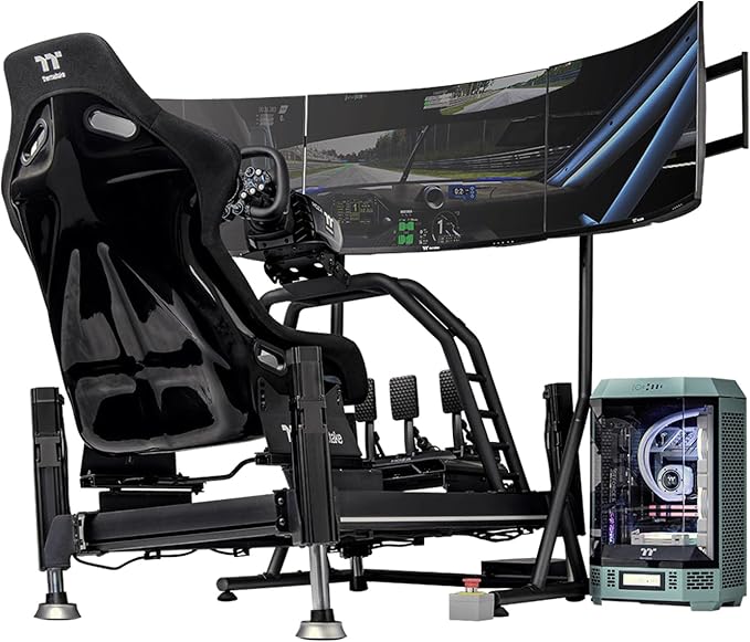 Thermaltake Triple Monitor Stand Pro; Up to (x3) 32" Curve or 34" Flat; Powder Coated Steel; 920mm-1120mm Height Range; VESA Mounting; Racing Simulator Compatible; Black; GSC-MSP-MDSLBB-01