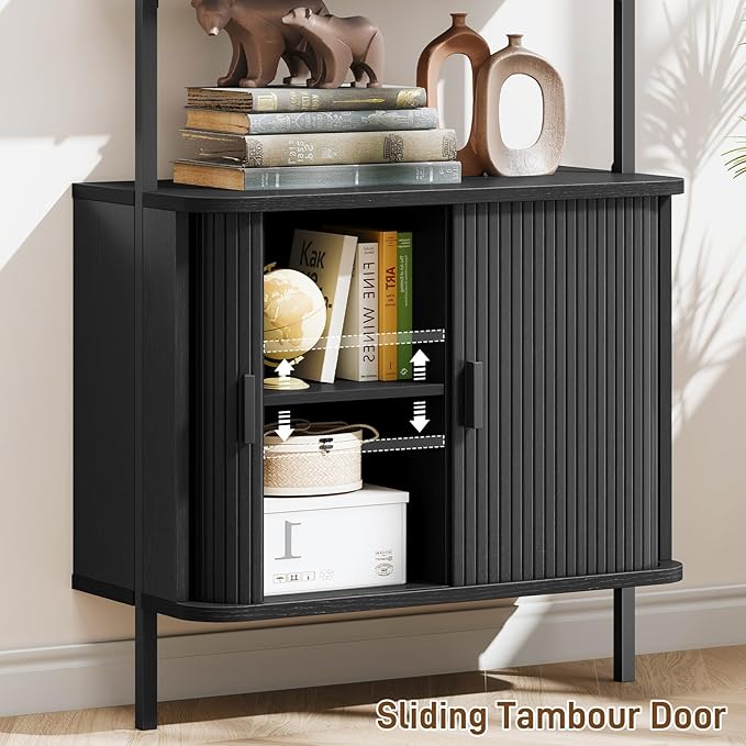 72" Tall Fluted Bookshelf, 4-Tier Open Display Ladder Shelf with Sliding Tambour Doors, Modern Wall Mounted Bookcase Cabinet with Metal Frame for Living Room, Bedroom, Home Office, Black