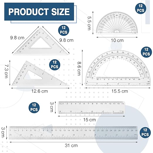 Tenare 72 Pcs Plastic Clear Math Set Includes Protractor Triangle Rulers 12 Inch 6 Inch Straight Geometry Math Transparent Ruler Measuring Tool for Office Home Supplies