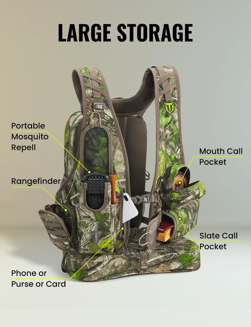 TIDEWE Vest with Seat, Lightweight Vest with Multi-Compartment Storage, Form-fitting Portable Backpack with 11 Adjustable Straps (Truetimber HTC Green)