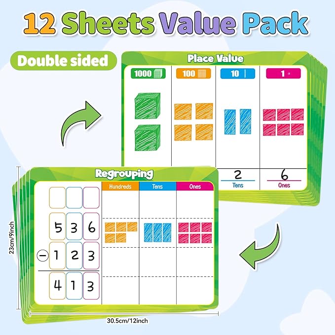 12 Pack Place Value Chart Dry Erase Flash Cards,9" x 12" Base Ten Addition and Subtraction Regrouping Math Manipulatives 1st 2nd 3rd Grade Classroom Must Haves Teacher Homeschool Supplies