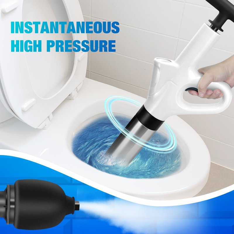 High Pressure Toilet Plunger, Air Drain Blaster Gun with Visual Barometer and Stainless Steel Plungers, Powerful Drain Clog Remover Tool for Sink, Toilet, Floor Drain - Heavy Duty Toilet Plungers