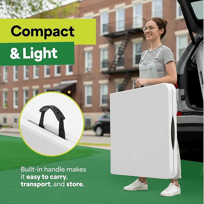 EconoHome White 4ft Folding Table with Handle | Heavy-Duty Foldable Table | Portable Table for Indoor & Outdoor Use | Perfect for Events, Camping, Parties, Dining & More