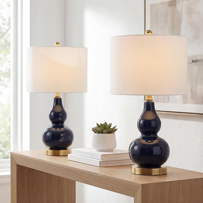 JONATHAN Y 20.5" Navy Glass Table Lamp, Modern Gourd Bedside Nightstand Lamp for Bedroom, Living Room, White Linen Shade, LED Bulb Included (JYL1028F-SET2)