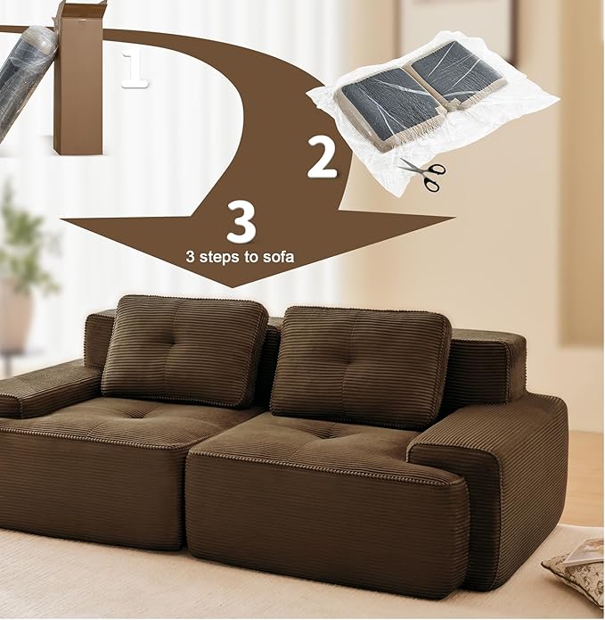 80" Modern Corduroy Boneless Love Seat Couches, 2 Seater Large Sectional Couches for Living Room, Brown Cloud Modular Sectional Sofa, Memory Foam, Extra Deep Loveseat, No Assembly