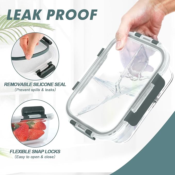 KOMUEE Glass Meal Prep Containers 3 Compartments, 5 Pack 36 oz