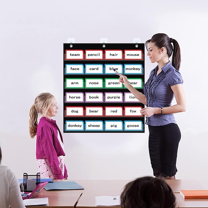 20”W x 25”H Classroom Words Pocket Chart with 6 Clear Pockets, Black Standard Pocket Chart for Classroom and Home for Sentence Strips, Reusable Clear Pocket Hanging Words Chart (Black)