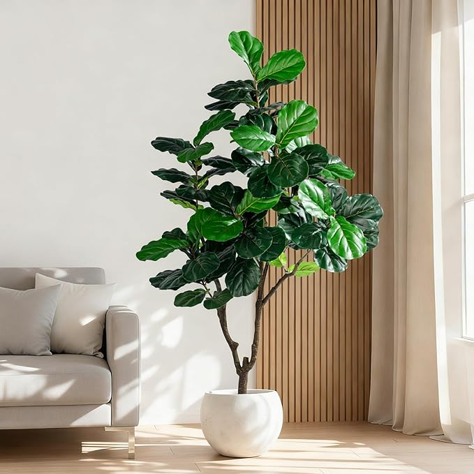 Artificial Fiddle Leaf Fig Tree 6ft with White Planter Realistic Fiddle Leaf Lyrata Plant Tall Fake Tree with Natural-Looking Leaves Fake Tree for Indoor Outdoor Home Office Decor
