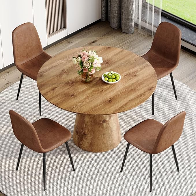 Round Dining Table Set for 4,45'' Wood Dining Room Table Set for 4 with Suede Chairs,Farmhouse Pedestal Dining Table Set for Dining Room,Apartment Easy Assembly