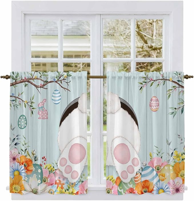 Easter Bunny Kitchen Curtains 45 Inch Long 2 Panel Set, Rod Pocket Window