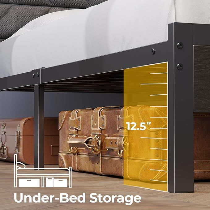 Seventable Bed Frame Queen Size with Charging Station, LED Bed with Upholstered Storage Headboard, Metal Platform Bed with Under Bed Storage, No Box Spring Needed, Noise Free, Easy Assembly, Grey