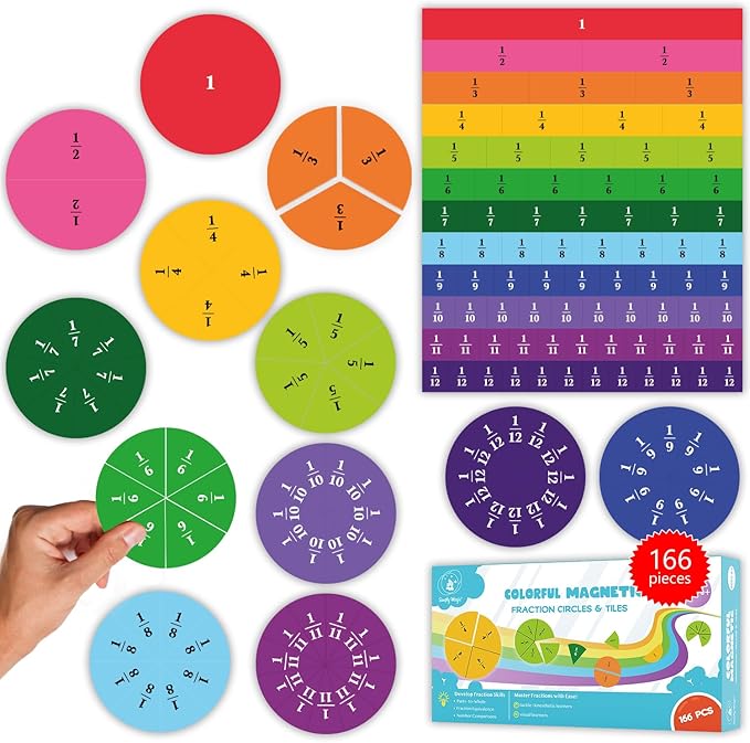 166 PCS Magnetic Fraction Tiles & Fraction Circles - Elementary Fraction Manipulatives Class Set - Magnetic Fraction Bars & Strips Fraction Kit, Fraction Magnets, Math Manipulatives - Simply Magic