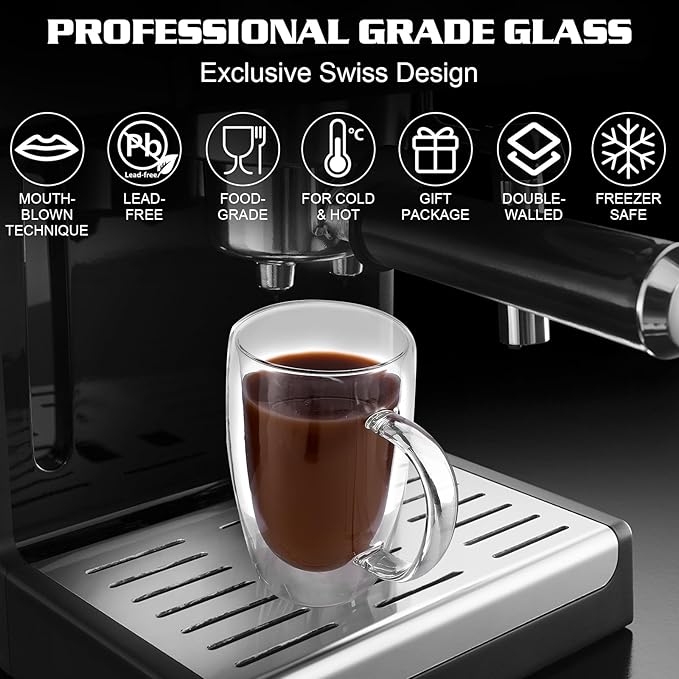 Clear Glass Double Wall Insulated Round Coffee Mugs Set of 6 Pieces - Large Size 16oz Best Reusable Coffee Mug for Home Cafe Restaurant Perfect for Espresso Capucinno Lungo Latte Coffee