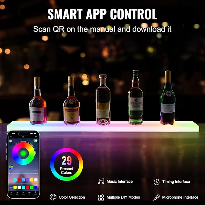 VEVOR LED Lighted Liquor Bottle Display, 1 Tier 40 Inch Wall Mounted Whiskey Rack Stand, 1 Step Commercial Illuminated Home Bar Shelf, Acrylic Drinks Light Shelves with RF Remote & App Control