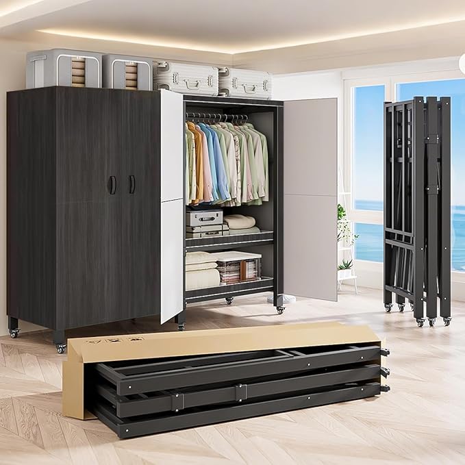 Heavy Duty Covered Clothes Rack with Magnetic Door Foldable Portable Wardrobe Closet for Hanging Clothing Rolling Black Metal Garment Rack on Wheels Closet System (Black, 65.9in)