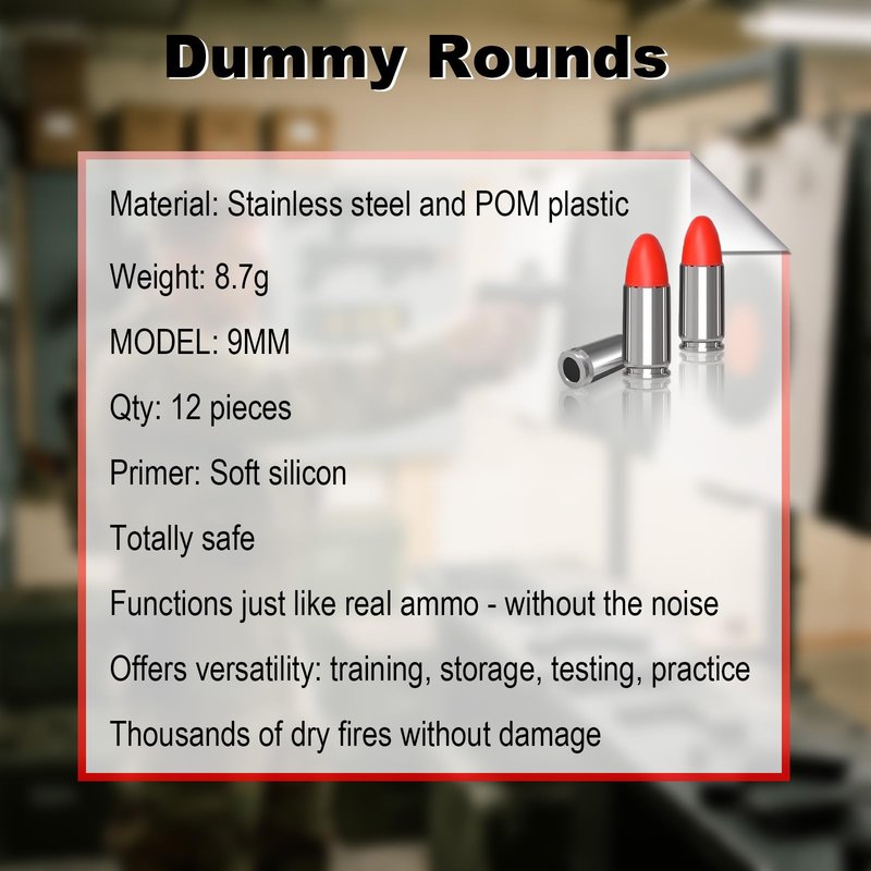WAKAZO Training Snap Caps Dummy Rounds, Durable CNC-Machined Aluminum Alloy Safe for Handling Drills & Dry Fire Practice, Ideal for Shooting Skill Training (Silvery, 9MM-12PCS)