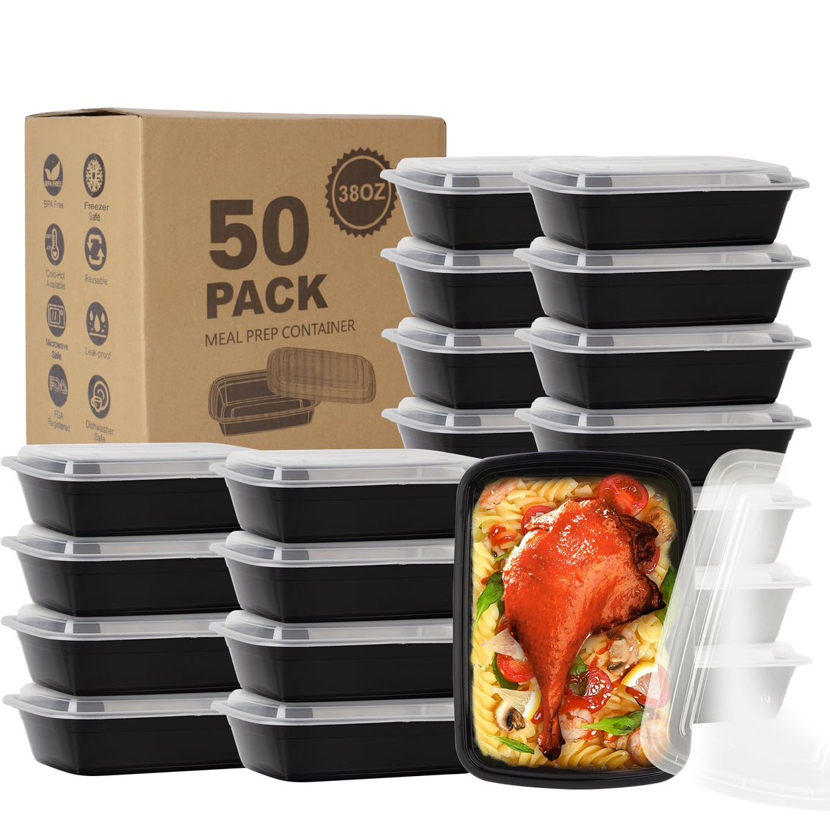 Ezalia 50 Pack- Meal Prep Containers 38oz, Plastic Food Prep Containers Reusable, Leakproof To Go Food Containers with Lids, BPA-Free, Microwave/Dishwasher/Freezer Safe
