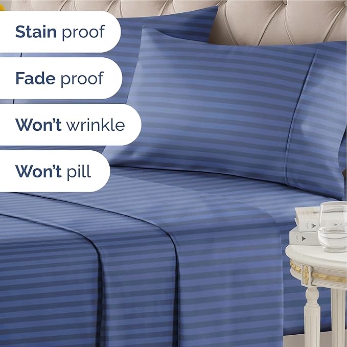 Striped Sheets - Blue Striped Sheets - 1 Flat & 1 Fitted & 1 Pillowcase w/ Deep Pockets – Comfy, Wrinkle & Fade Free - Soft, Breathable and Cooling – Luxury Pinstripe Bedding - Twin XL Size Bed Set