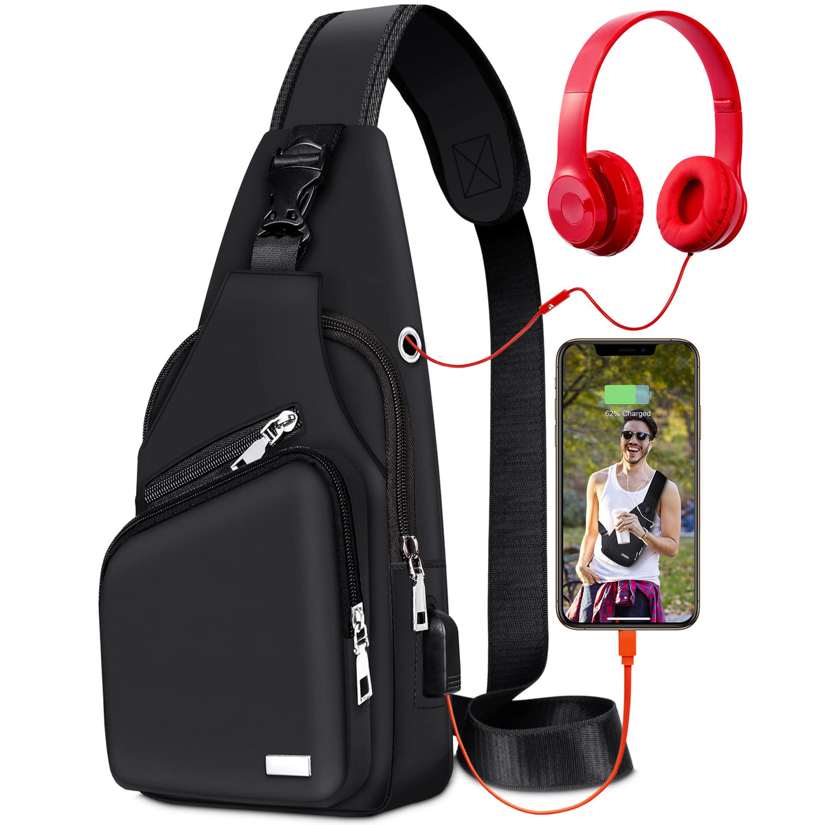Sling Bag Crossbody Backpack for Men Women with Charger & Headphone Hole