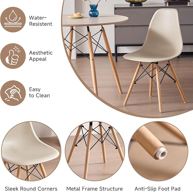 35.5'' 5 Piece Round Dining Table Set for 4, Mid-Century Modern Table with Chairs, Space Saving, Plastic Seats, Wood Legs, Circle Dinner Table for Kitchen, Home, Apartment, Khaki