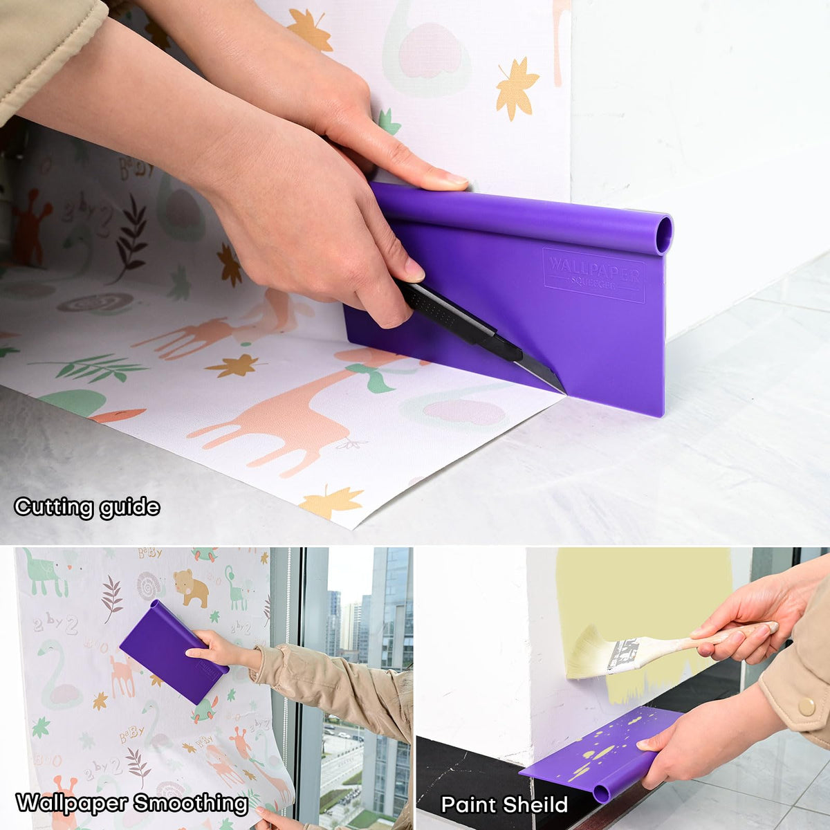 NEWISHTOOL Wallpaper Smoothing Tool for Applying Peel and Stick Contact Paper, Vinyl Backsplash Tile Wallpaper Tools with Sponge Seam Roller, Purple Smoother, Felt Squeegee, Precision Cutting Knife