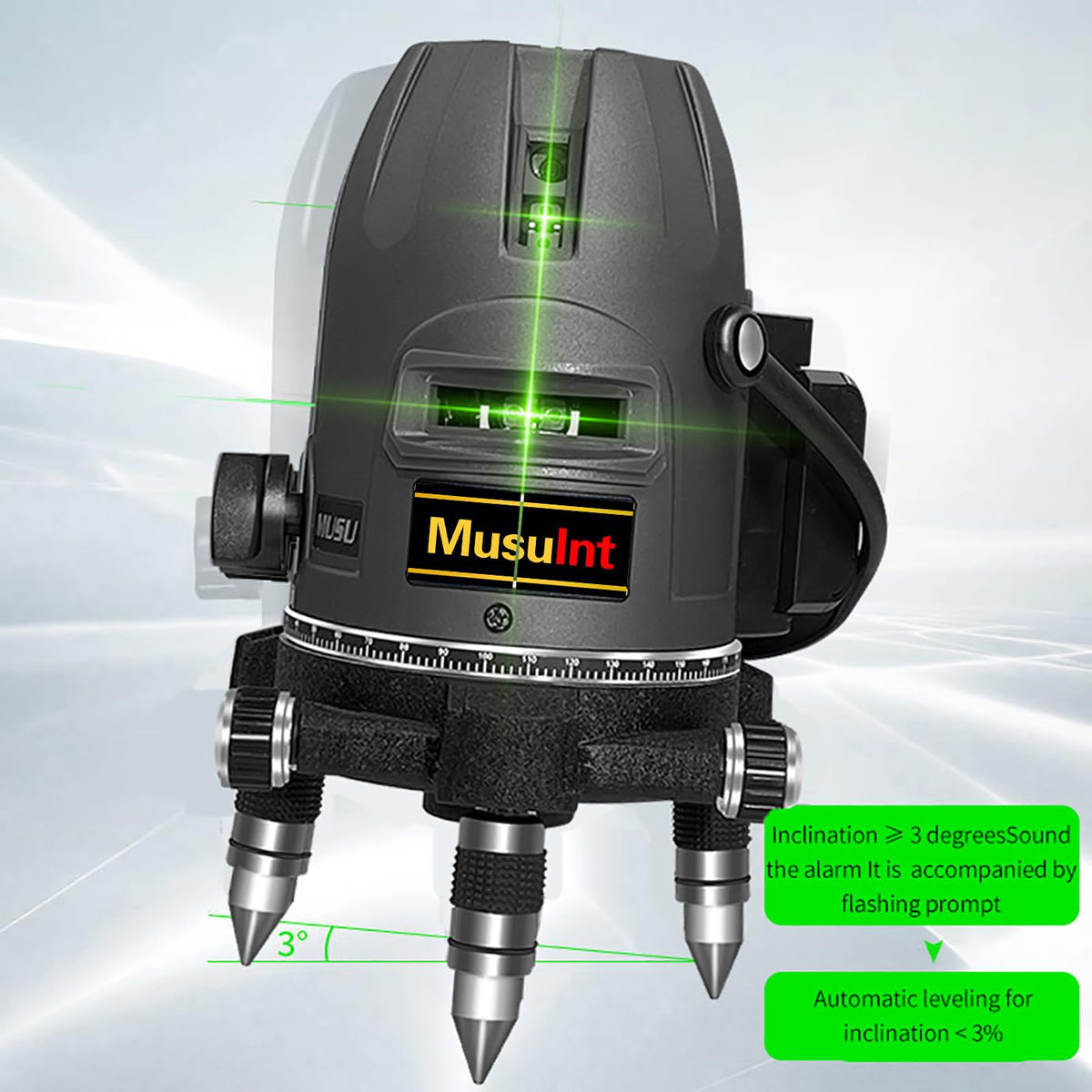 (Outdoor Super Bright) 5 lines laser level 360 self leveling Precision Cross Line level tool Green beam with 360° Rotating base Digital Li-ion Battery 5 Strong light spots 1 Plumb point