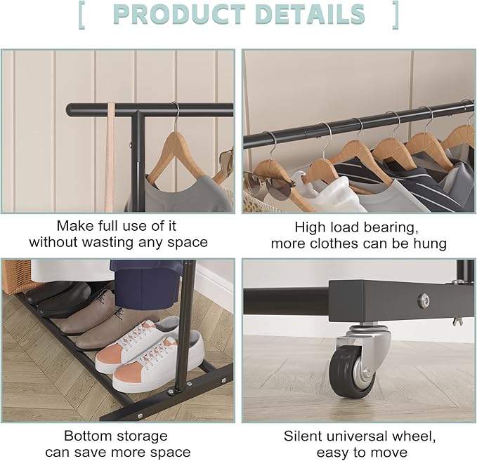 Sywhitta Double Rod Clothing Garment Rack, Rolling Clothes Organizer on Wheels for Hanging Clothes, Easy to Assemble, Adjustable, Black